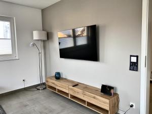 sala de estar con TV de pantalla plana en la pared en Seeglück 2 am Tollensesee en Groß Nemerow