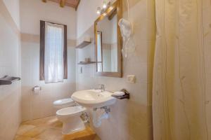 un bagno con lavandino, WC e specchio di Appartamenti i Tigli 2 a Capoliveri