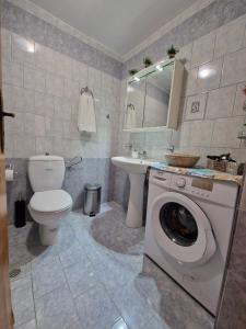 een badkamer met een wasmachine, een toilet en een wastafel bij Afroditi's 2 in Eresos
