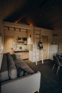 a living room with a couch and a kitchen at Cozyhouse in Slavske