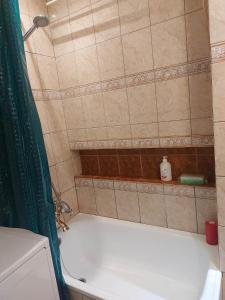 a bathroom with a tub with a green shower curtain at Mieszkanie do wynajęcia w Centrum in Olecko