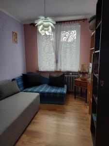 a living room with a blue couch and a window at Mieszkanie do wynajęcia w Centrum in Olecko