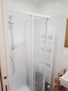 La salle de bains est pourvue d'une douche avec une porte en verre. dans l'établissement GusterHouse, à Ivrea