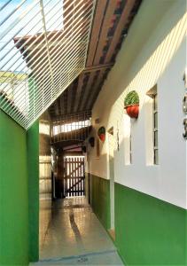 Pousada Primeira Quadra Da Praia في برايا جراندي: ممر به جدران خضراء وبيضاء ونباتات الفخار