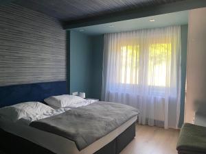 Un dormitorio con una cama grande y una ventana en Terra Toscana Apartman, en Sárvár