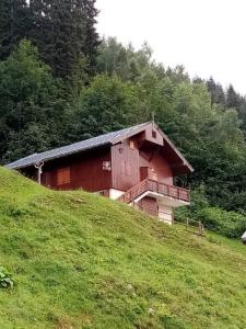 ein Haus auf einem Hügel auf einem grünen Feld in der Unterkunft L'appartement LES BOSSONS en lisière de forêt dans le chalet Génépi in Arêches