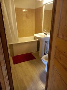 e bagno con lavandino, servizi igienici e vasca. di L'appartement LES BOSSONS en lisière de forêt dans le chalet Génépi ad Arêches