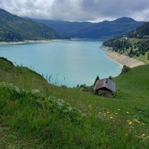 L'appartement LES BOSSONS en lisière de forêt dans le chalet Génépi في أريتشيه: منزل على تلة بجوار تجمع للمياه