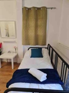 a bedroom with two beds with blue and white at Nice Flat near Central London in London