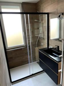 La salle de bains est pourvue d'une douche en verre et d'un lavabo. dans l'établissement Maison de charme proche centre-ville, à Dieppe