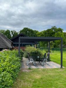 un refugio de picnic con mesa y sillas en un parque en De Stal - Buitenplaats Ruitenveen, privé!, en Nieuwleusen