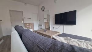 ein Wohnzimmer mit einem Sofa und einem Flachbild-TV in der Unterkunft Ivory Apartment in Biograd na Moru