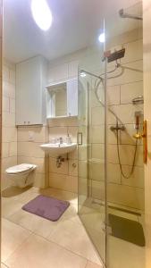 a bathroom with a shower and a toilet and a sink at Apartments Neven in Omiš