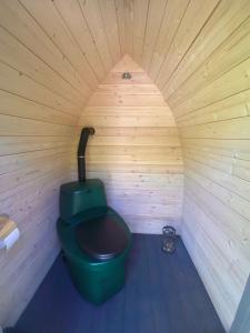 baño con aseo verde en una habitación de madera en Merineitsi metsamaja, en Tahkuna