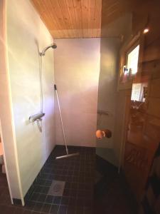 a shower in a bathroom with a tile floor at Merineitsi metsamaja in Tahkuna