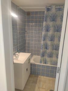 baño con lavabo y cortina de ducha en Alvor Beach Apartment, en Alvor
