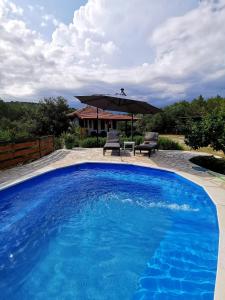 ein blauer Pool mit Sonnenschirm und 2 Stühlen in der Unterkunft Apartment Maslina in Vrboska