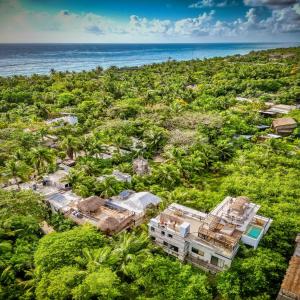 an aerial view of a villa in the jungle with the ocean at Suites Tulum in Tulum
