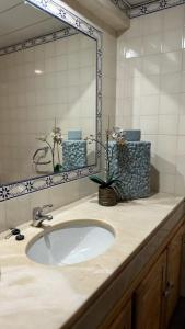um balcão de casa de banho com um lavatório e um espelho em Pérola dos Salgados em Guia