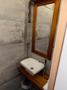 a bathroom with a white sink and a mirror at Apartments Prizreni in Prizren