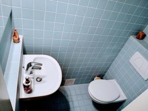 ein Badezimmer mit einem weißen Waschbecken und einem WC in der Unterkunft Ferienwohnung Leonard in Goslar Hahnenklee in Hahnenklee-Bockswiese