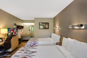 Habitación de hotel con cama, escritorio y TV. en Red Roof Inn Asheville - Biltmore West, en Asheville