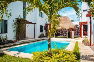 uma villa com uma palmeira e uma piscina em Casa Mágico Bacalar em Bacalar