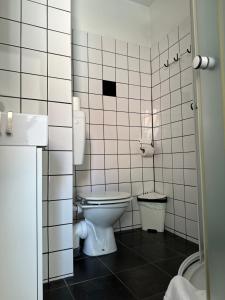 ein weißes Bad mit einem WC und einem Waschbecken in der Unterkunft Penzion, vinný sklep a café Bárta in Mikulov