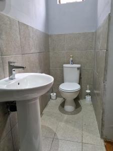 a bathroom with a white toilet and a sink at 28 ON WOOD in Pietermaritzburg +6 photos