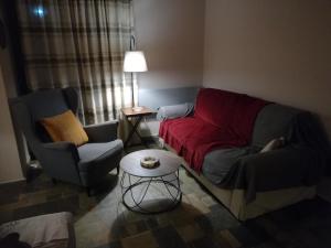 ein Wohnzimmer mit einem Sofa und einem Stuhl in der Unterkunft Oleander in Eretria
