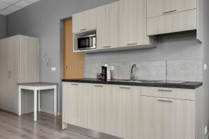 a kitchen with white cabinets and a sink at Icelandic Apartments by Heimaleiga in Reykjavík
