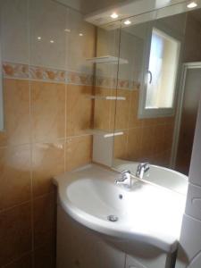 W łazience znajduje się umywalka i lustro. w obiekcie Gite mahiou w mieście Saint-Julien-en-Born