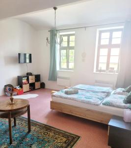 Chateau Moravany - apartmány, teepee a wellness في Ronow an der Doubrava: غرفة نوم فيها سرير وطاولة فيها