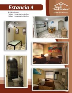 a collage of four pictures of a hotel room at Estancias San Francisco in Celaya