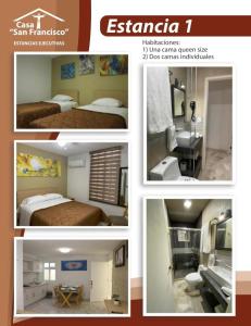 a collage of four pictures of a hotel room at Estancias San Francisco in Celaya