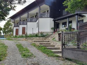 a house with stairs in front of it at Pensiunea Sara pe deal in Hangul