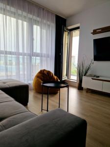 a living room with a large window and a television at Onix View 37, Premium Parking in Bucharest