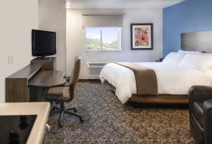 East MolineにあるMy Place Hotel-East Moline/Quad Cities, ILのベッド、デスク、テレビが備わるホテルルームです。