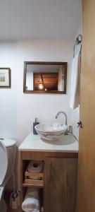 W łazience znajduje się umywalka i lustro. w obiekcie Cabañas Limón y Manzana en Finca Maracuba w mieście Jardin