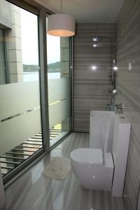 a bathroom with a toilet and a large window at St.Barth Apartments in Šibenik