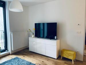 een woonkamer met een flatscreen-tv op een witte kast bij APARTMA KOPER ZVER in Koper