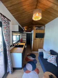 kuchnia i salon z kanapą i stołem w obiekcie Canyon Tiny House w mieście Manavgat