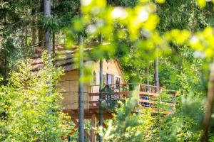 una cabaña en el bosque con porche en Treehouse U lesa en Osečná