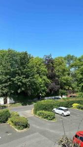 a white car parked in a parking lot with trees at NEW HMM Apartmentz - Free parking - Beautiful area in Sunderland