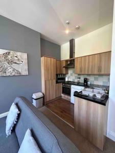 uma sala de estar com um sofá e uma cozinha em NEW HMM Apartmentz - Free parking - Beautiful area em Sunderland