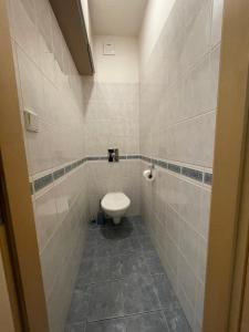 Łazienka z toaletą i podłogą wyłożoną kafelkami w obiekcie Apartmán Horní Mísečky F11 - Horský svět w mieście Horni Misecky