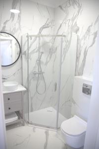a bathroom with a shower and a toilet and a sink at Apartamenty al Mare Sopot in Sopot