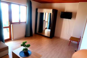 a living room with a mirror and a plant on a table at Apartments Sunset Jadranovo in Jadranovo