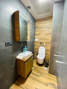 een badkamer met een wastafel en een toilet bij KUSADASI SOGUCAKTA 2+1 TERASLI DENIZE YAKIN LUKS DAIRE in Kuşadası