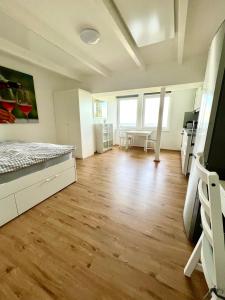 a large room with a bed and a kitchen at Schilcherland Studio in Greisdorf